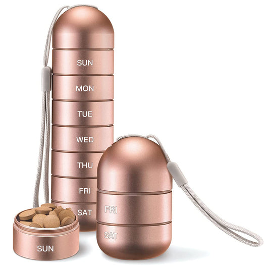 Aluminium pill organiser compartments separated showing 7-day labelled sections