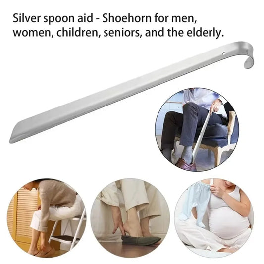 Long handled shoe horn in use — put on shoes without bending elderly dressing aid