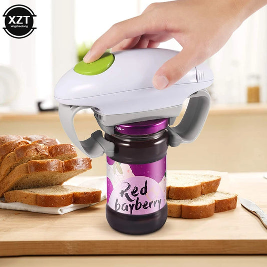 Electric jar opener removing lid from jar — hands-free automatic opener for elderly