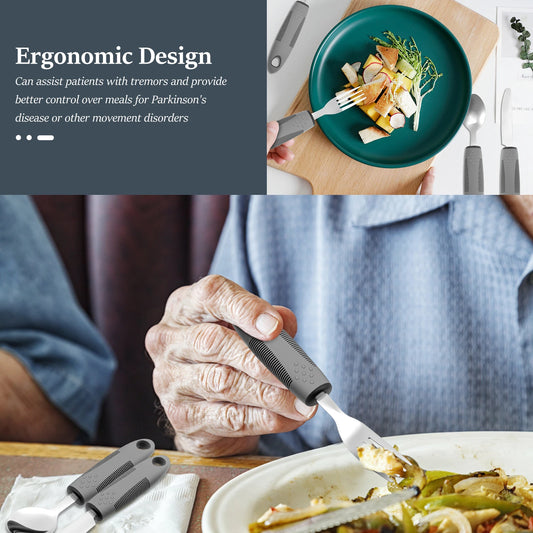 Adaptive utensils showing thick ergonomic grip handles — easy hold cutlery for elderly