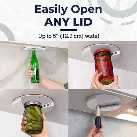 Under-cabinet jar opener in use opening jar — no batteries one-handed kitchen aid for elderly