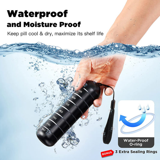 7-day waterproof travel pill organiser in black — aluminium alloy weekly pill case