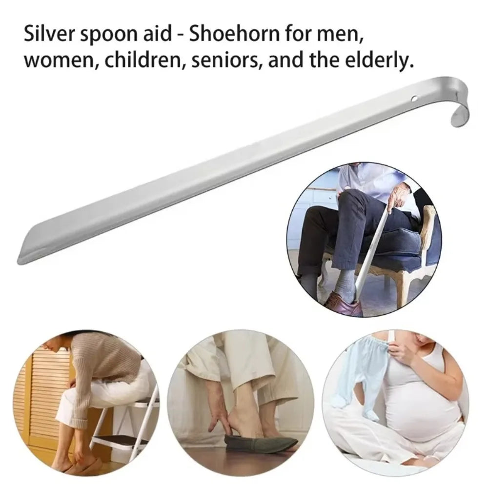 Long handled shoe horn in use — put on shoes without bending elderly dressing aid