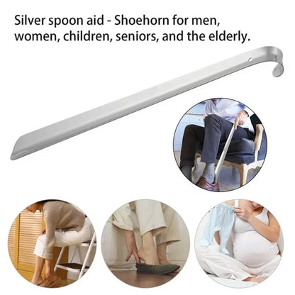 Long handled shoe horn in use — put on shoes without bending elderly dressing aid