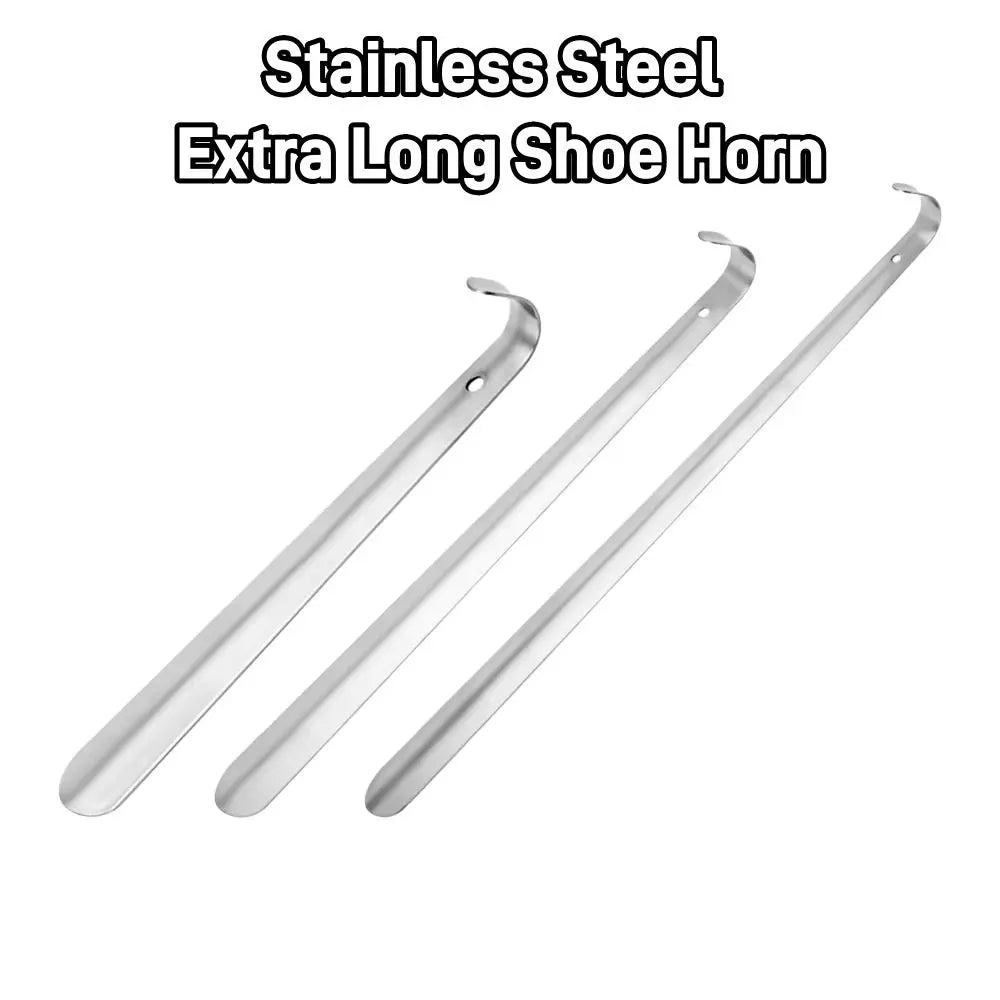 Long shoe horn close up showing curved tip — smooth stainless steel elderly shoe horn