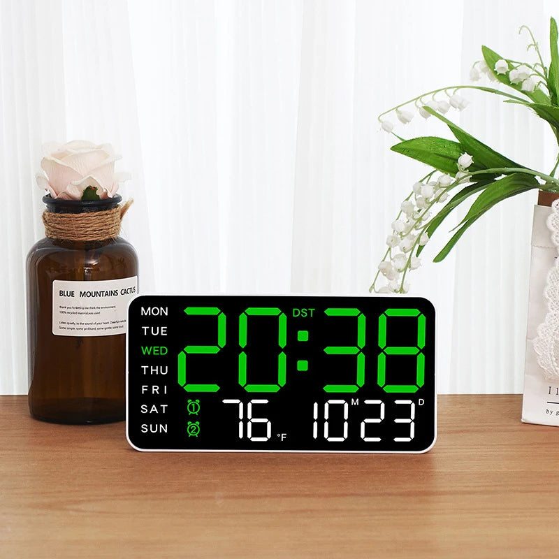 LED wall clock mounted on wall — large display digital clock with dual alarm for seniors