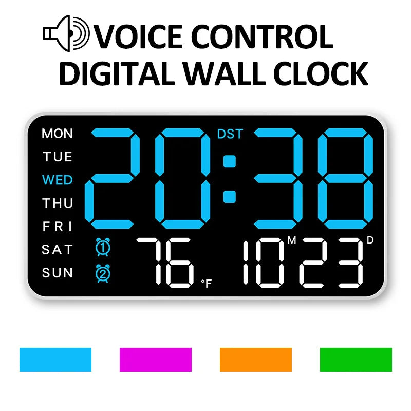 Large LED digital wall clock in white — voice control dual alarm for elderly bedroom