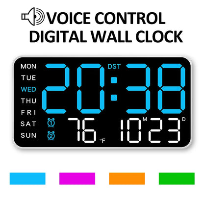 Large LED digital wall clock in white — voice control dual alarm for elderly bedroom
