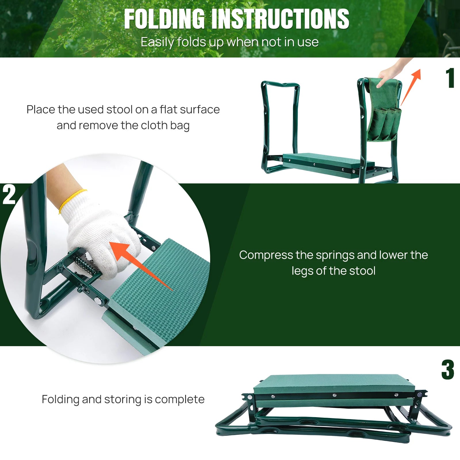 Garden kneeler in use — elderly person kneeling comfortably with padded foam support