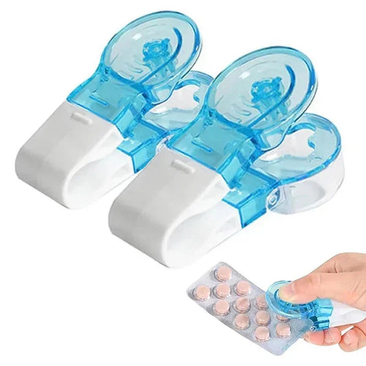 Blister pack pill taker in use removing tablet — press down tool pops pill into cup