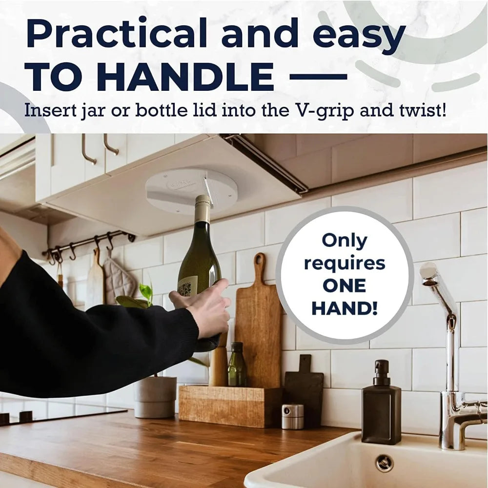 Under-cabinet jar opener on various jar sizes — works on all standard lids and bottles