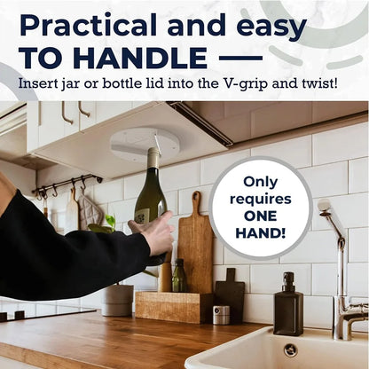 Under-cabinet jar opener on various jar sizes — works on all standard lids and bottles