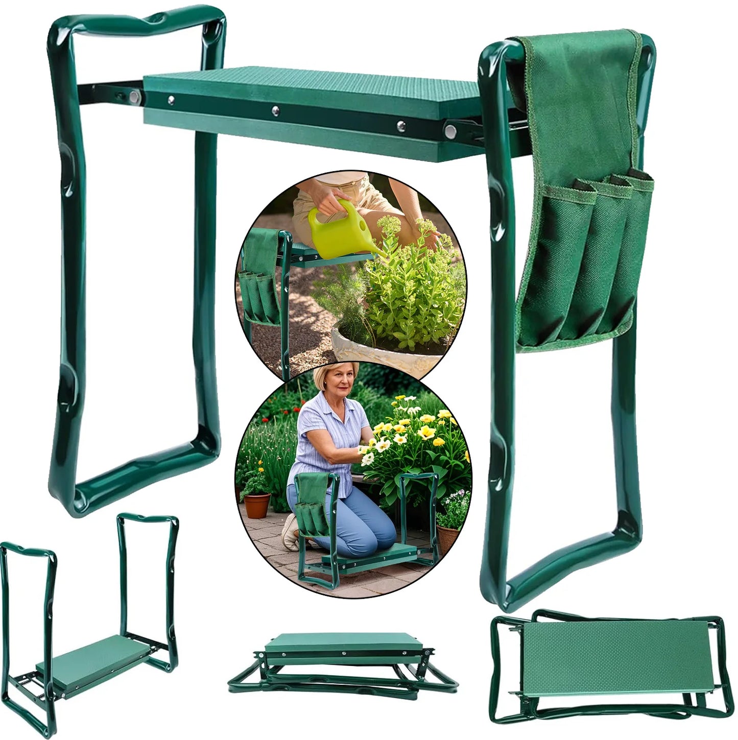 Garden kneeler seat with tool bag — foldable padded kneeler converts to garden stool