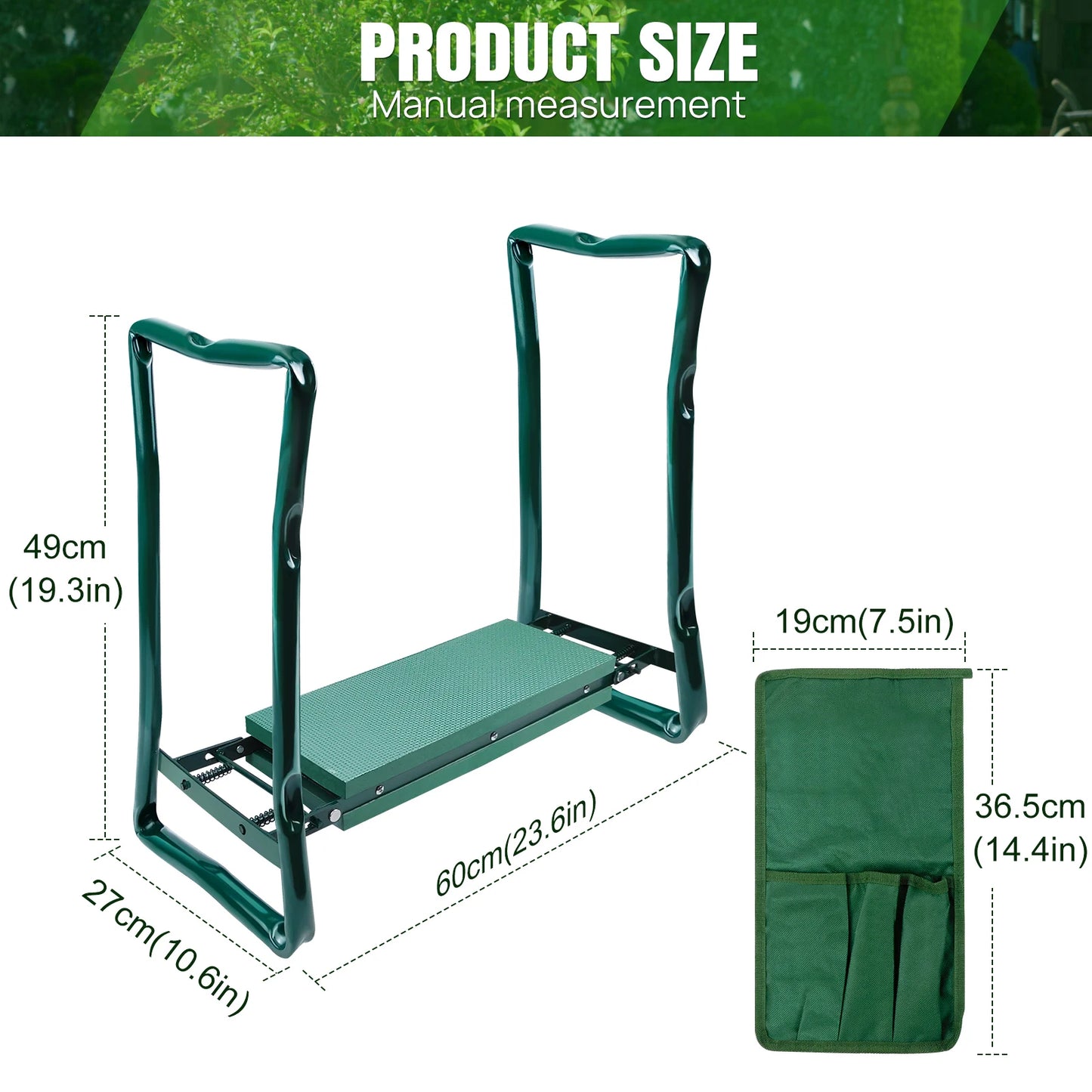 Garden kneeler folded flat for storage — compact elderly gardening aid with handle grips