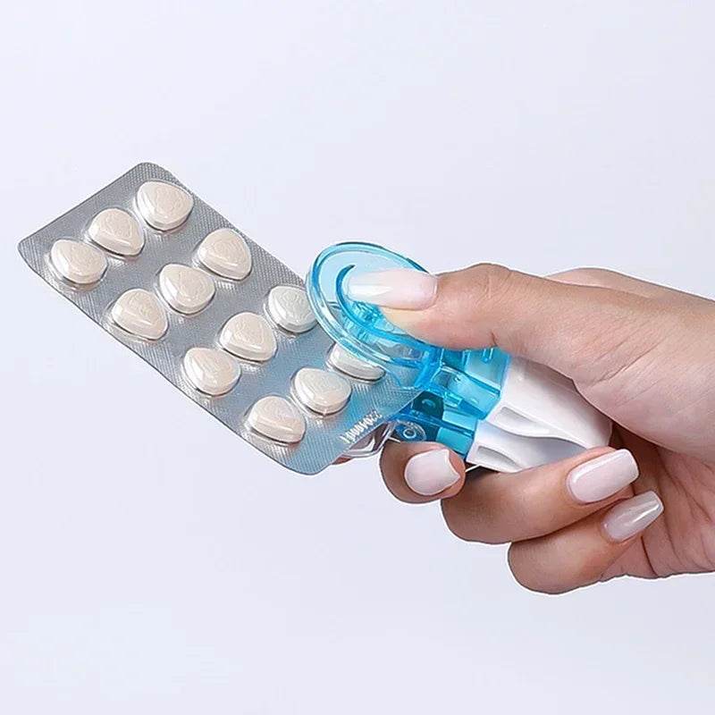 Pill taker used on standard blister pack — no grip needed medication aid for arthritis