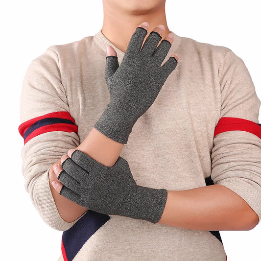 Arthritis compression gloves in beige — open finger pain relief gloves with wrist support