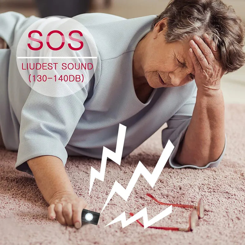 Elderly man using SOS alarm pendant after a fall